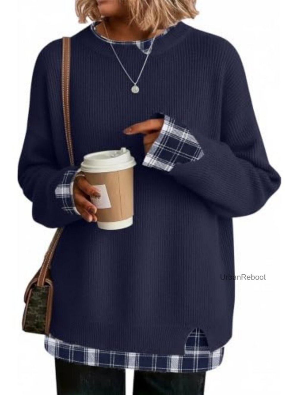 Oversized Cut-Out Crew Neck Pullover Sweater Ribbed Knit Patchwork